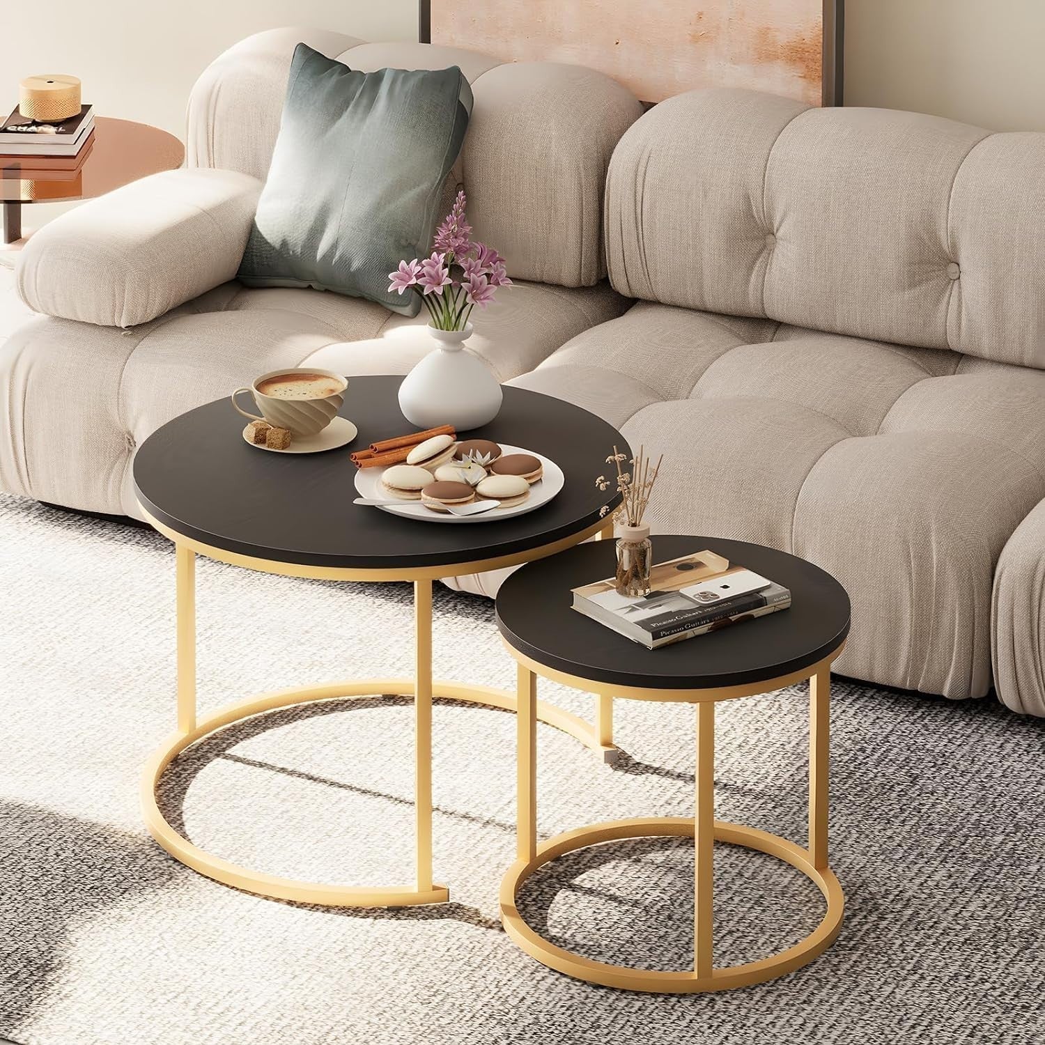 Nesting Coffee Tables Set of 2 Modern Round Black Gold Metal Side End Space Savi