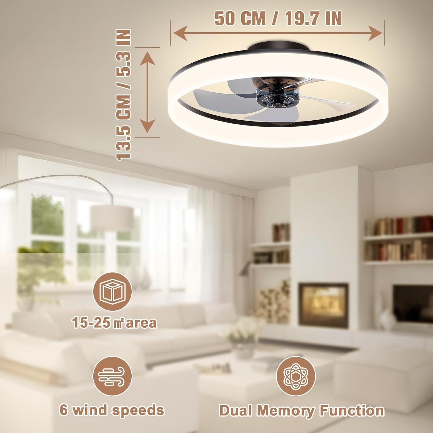 50cm Ceiling Fan with Lights, 6 Speeds, Dimmable LED, Remote, Black