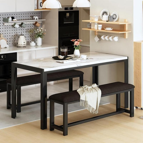 Faux Marble Dining Table Set with 2 Benches – Space Saving, 4 Seater
