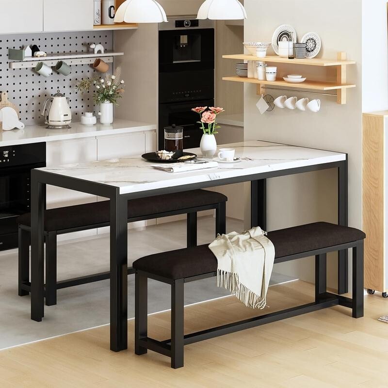 Faux Marble Dining Table Set with 2 Benches – Space Saving, 4 Seater