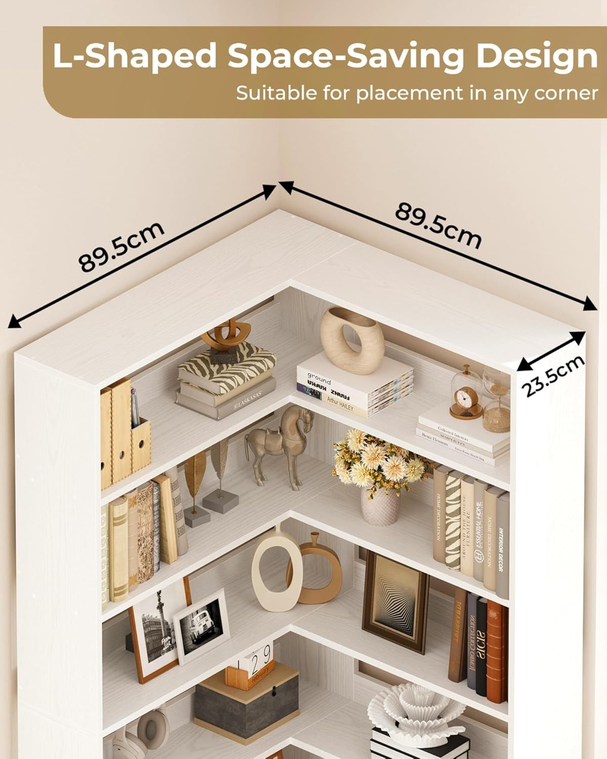 6-Tier Tall White Corner Bookshelf 180cm L-Shaped Storage Rack