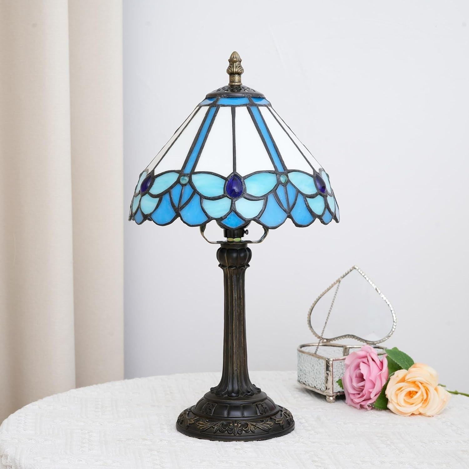 Blue Butterfly Stained Glass Table Lamp | LED Bedside Desk Light 8x8x14 Inch