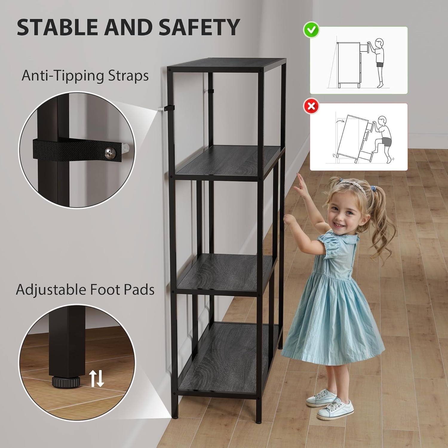4 Tier Industrial Bookcase Charcoal Grey Metal Frame Freestanding Shelf 116cm