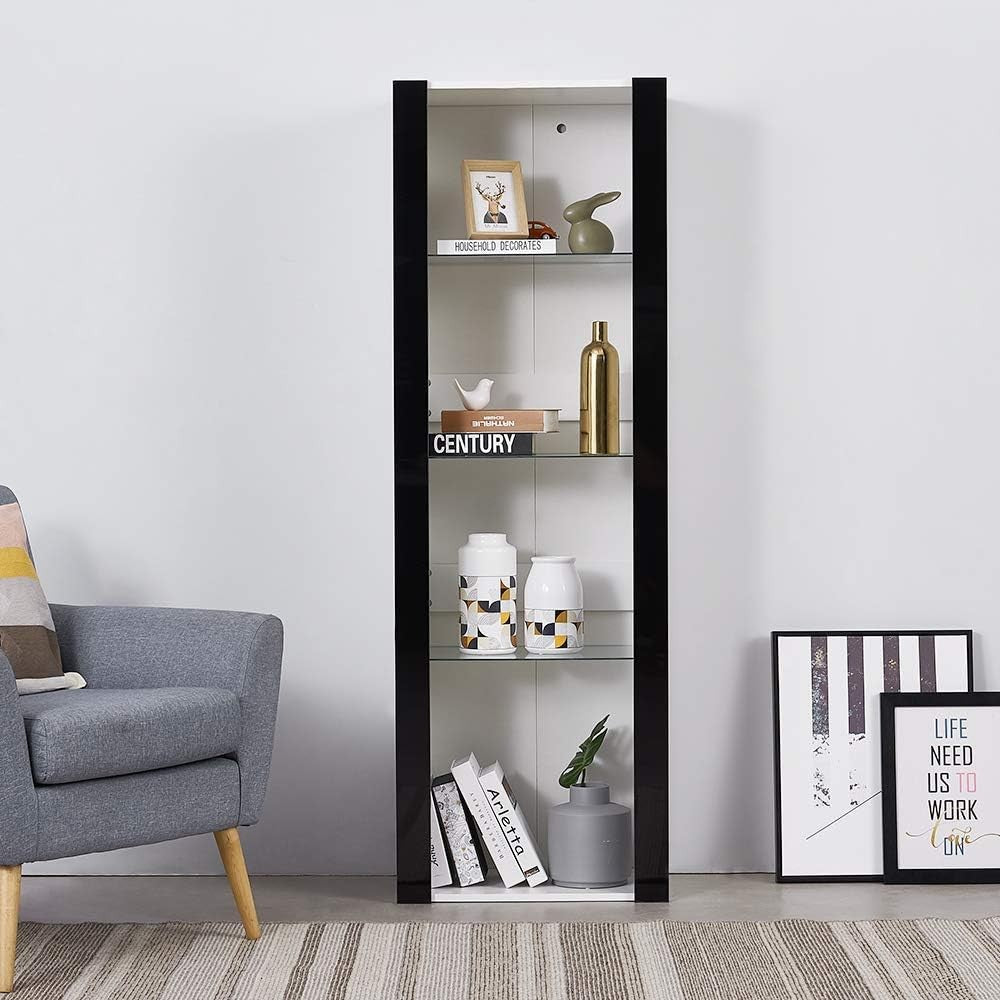 Tall LED Display Cabinet White Matt Black Gloss Glass Shelves Modern Cupboard