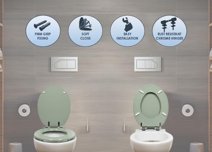 Sage Green Toilet Seat Tongue & Groove Wood Stainless Steel Hinges 42x35cm