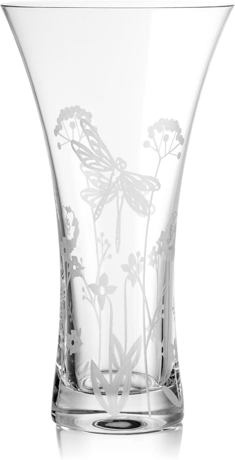 Crystal Trumpet Flower Vase Hand Cut Etched Glass 25cm Luxury Home Decor