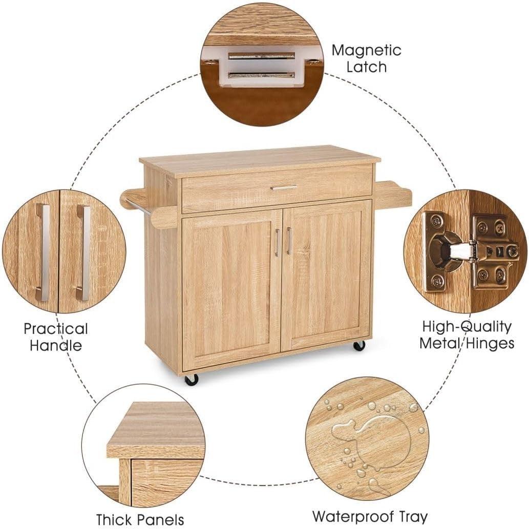 Natural Kitchen Island Cart with Storage Cabinet, Drawer & Lockable Wheels