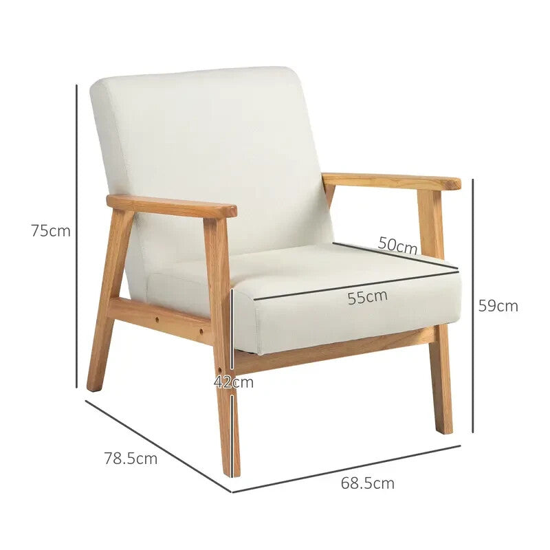 Cream Linen Accent Armchair with Wooden Frame for Living Room or Office