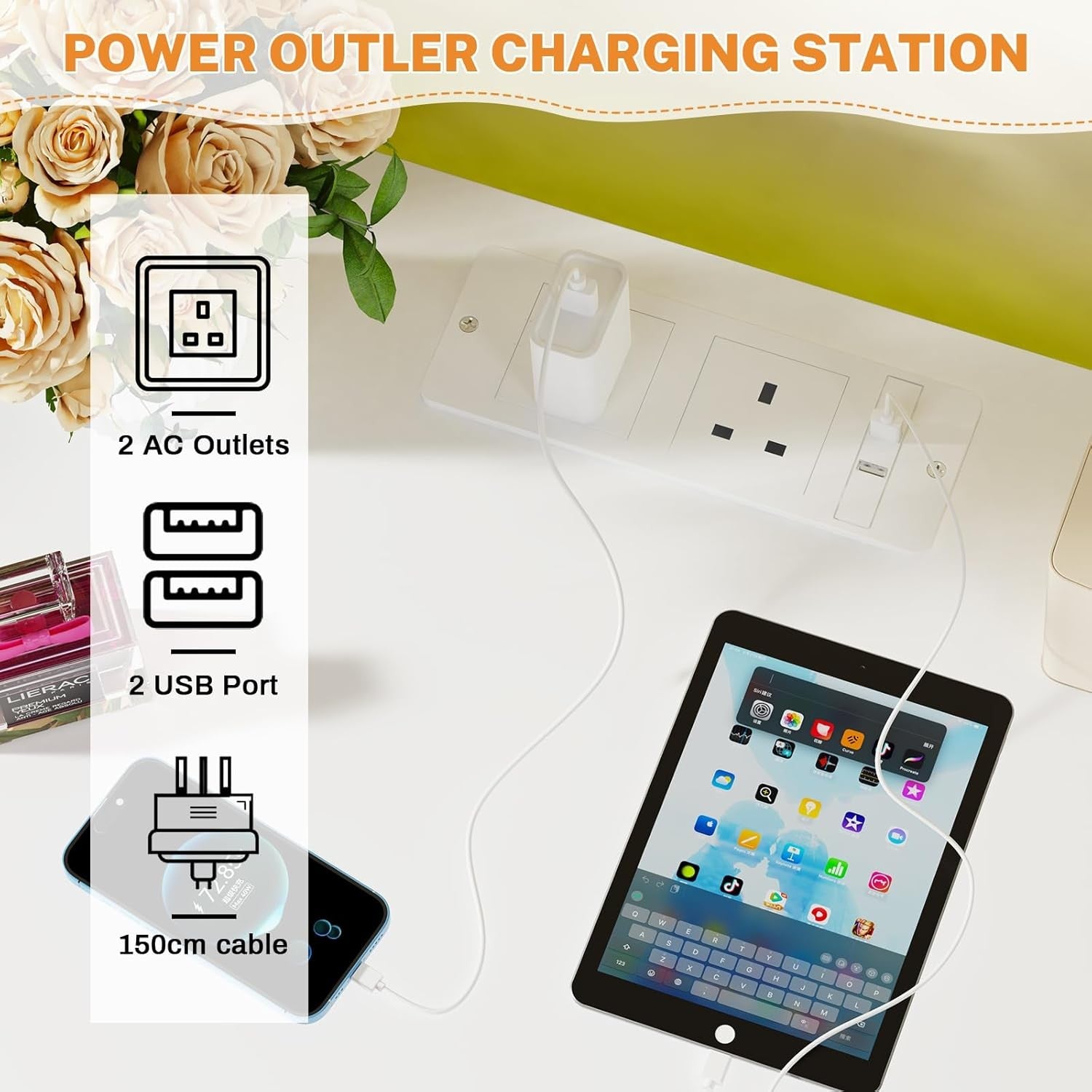 White LED Bedside Table with Charging Station 2-Drawer Modern Nightstand