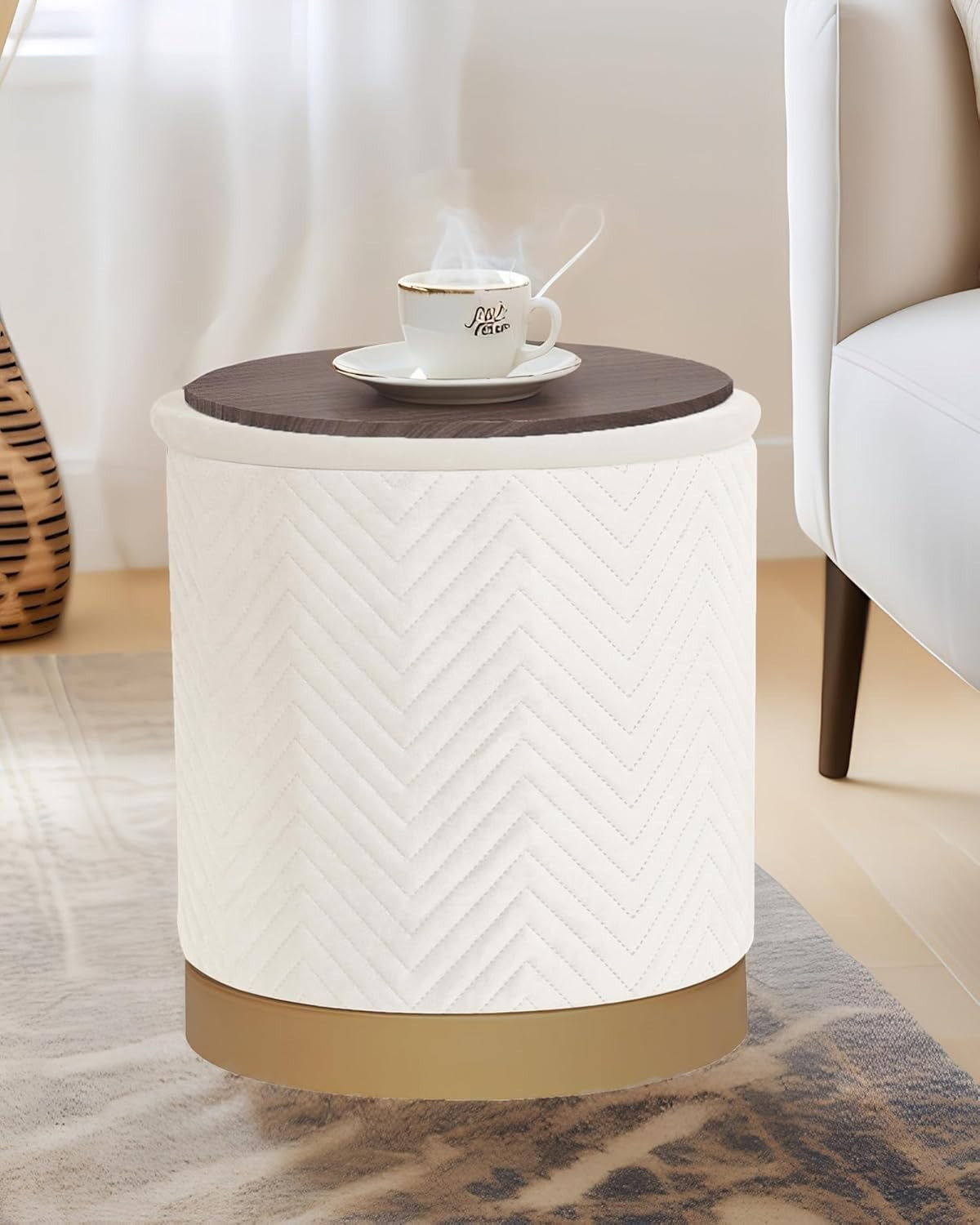 White Velvet Round Storage Pouffe Folding Ottoman with Flip-Top Tray Seat