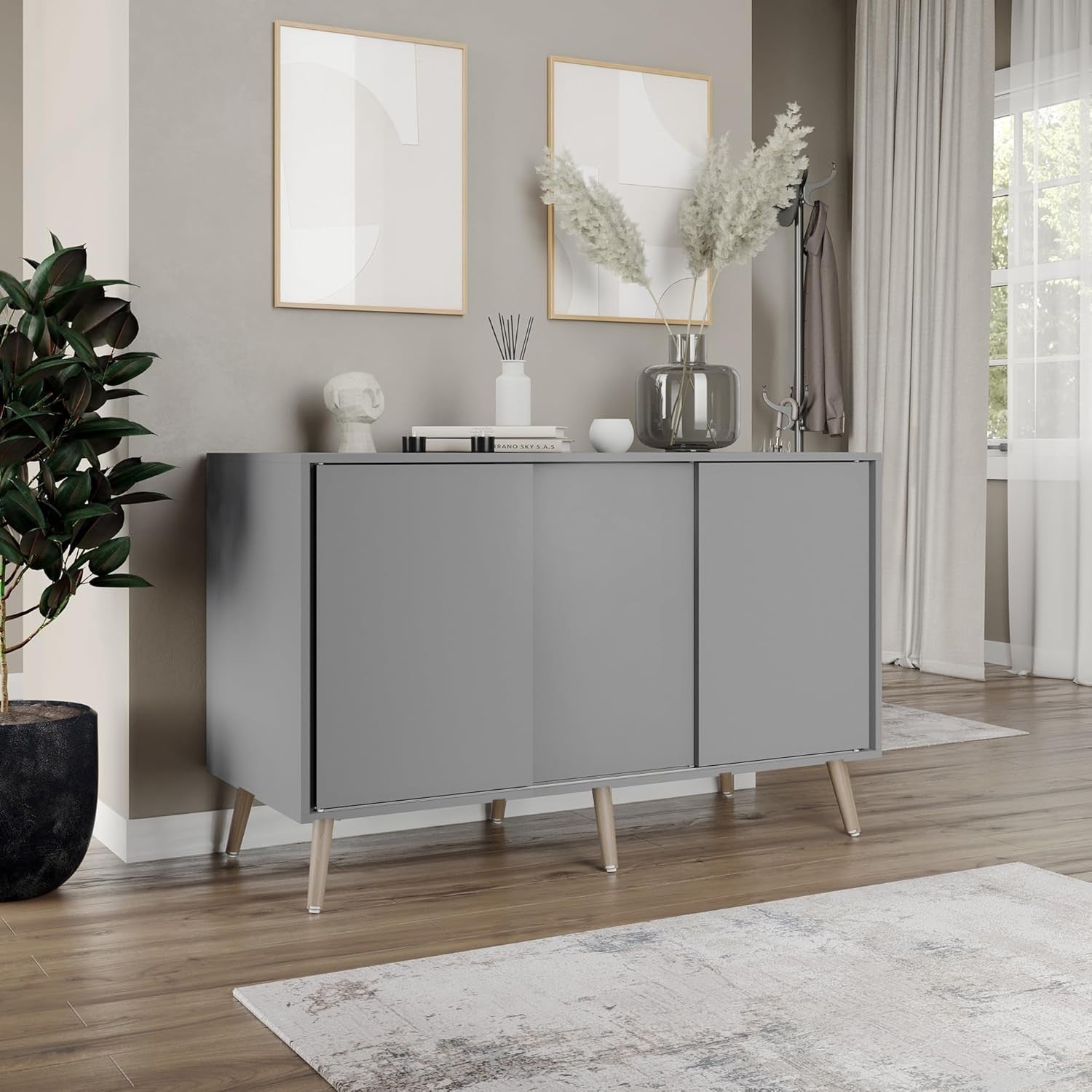 Grey Sideboard Cabinet 3 Door Sliding Storage Unit Modern Beech Legs