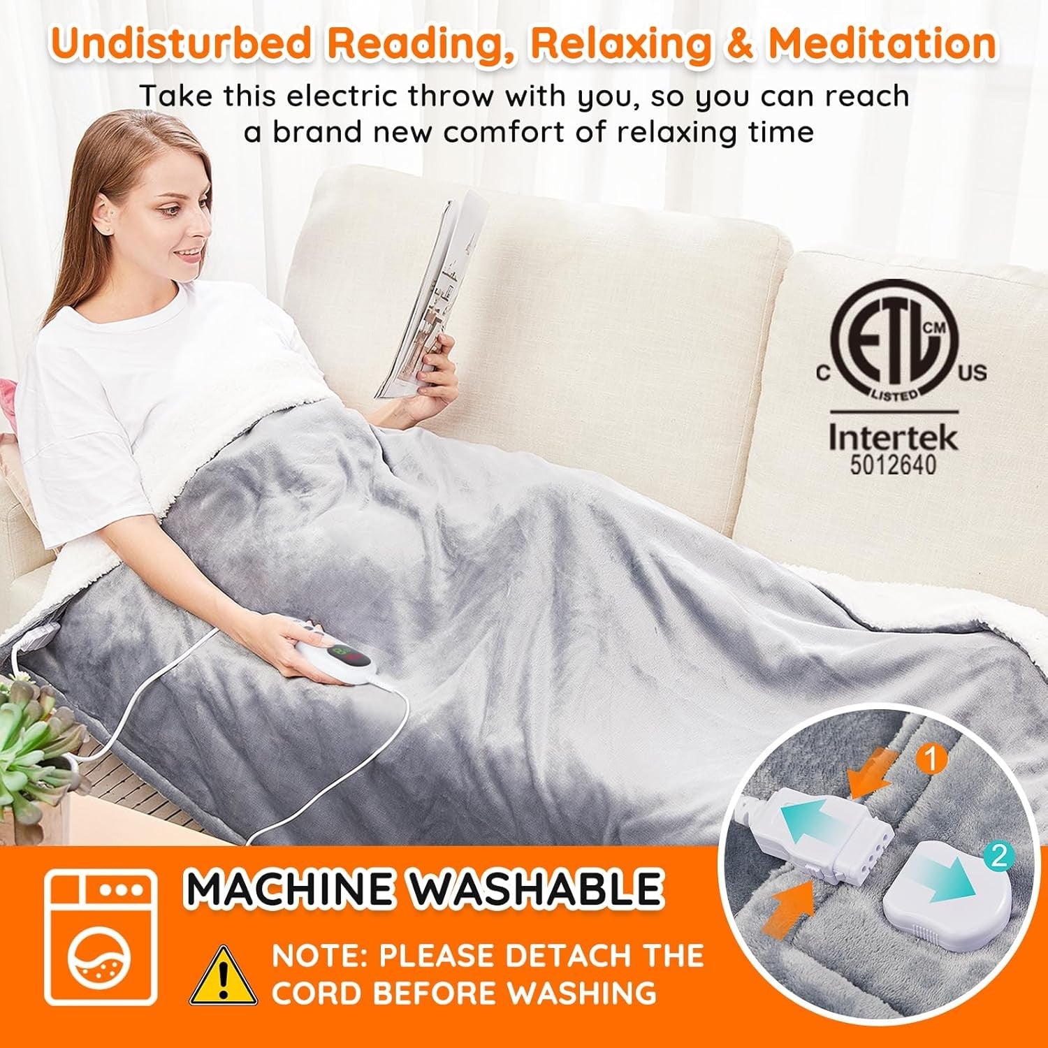 Electric Heated Throw Blanket 120x160cm Grey Sherpa 10 Heat LED Timer