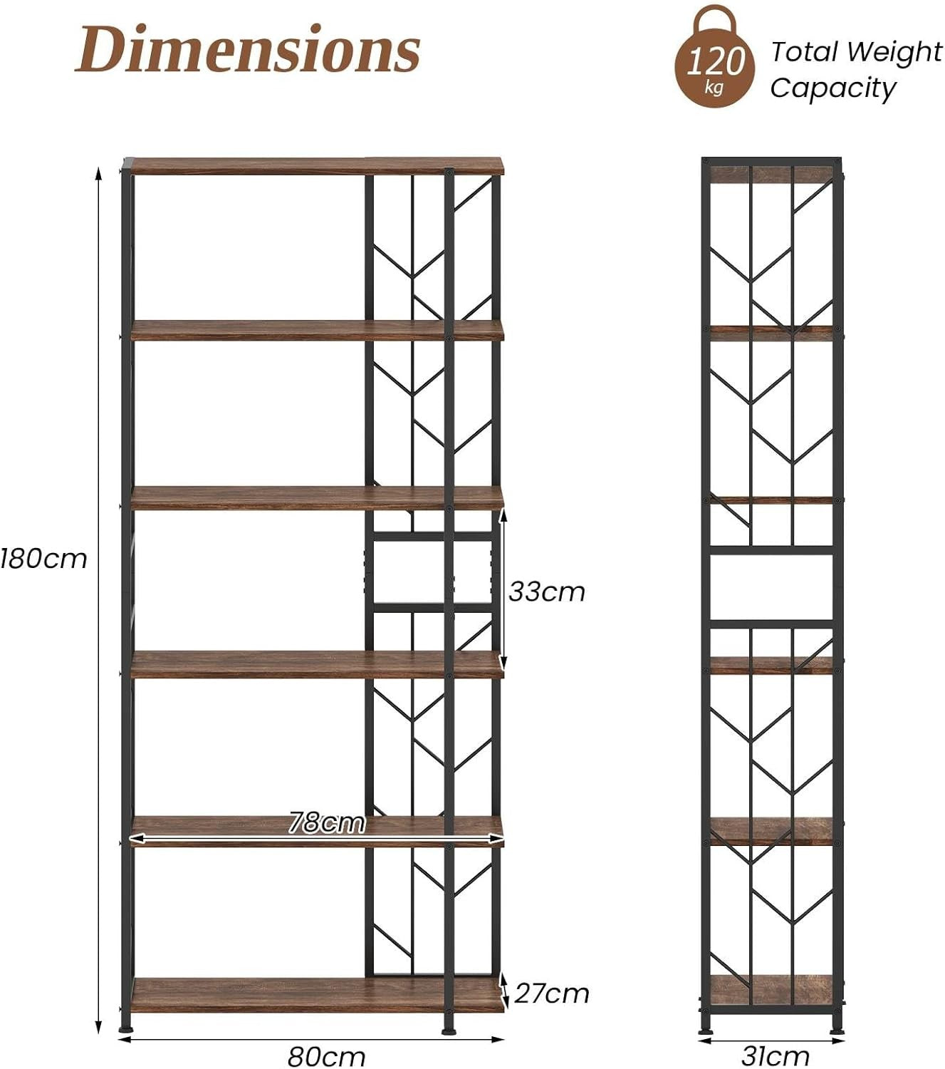 Industrial 5/6 Tier Bookshelf Tall Metal & Wood Display Storage Rack 80×31×180cm