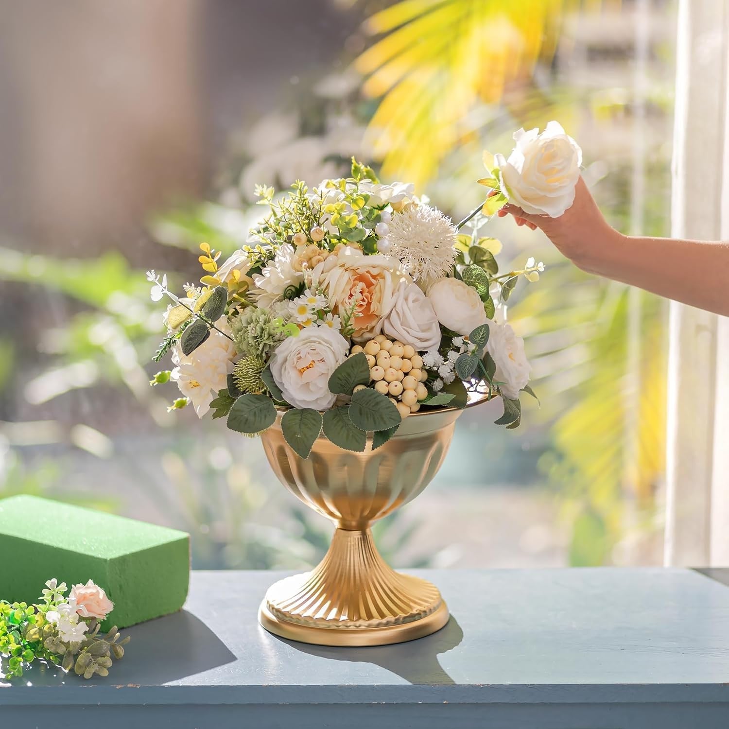 Gold Metal Urn Vase Set of 2 Wedding Table Centerpieces Floral Planters