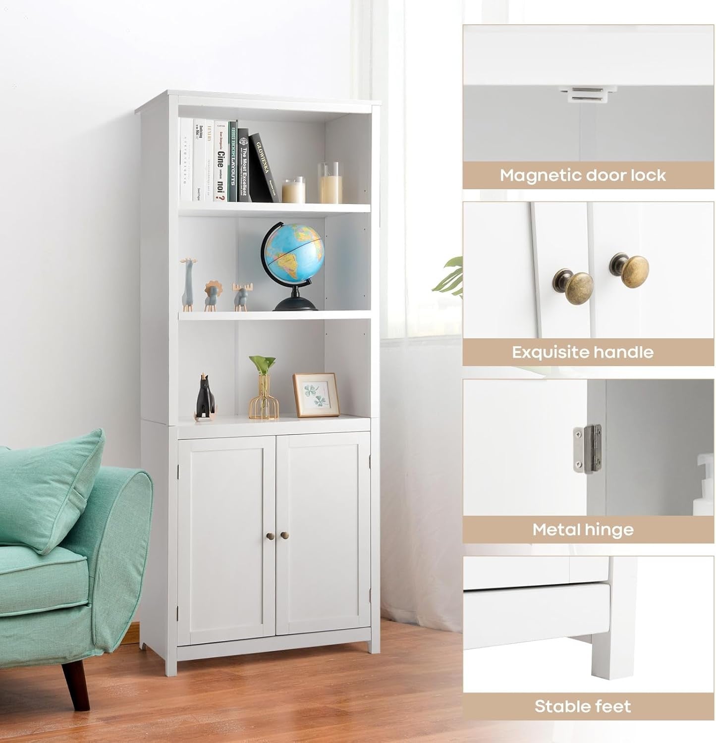 White 5-Tier Freestanding Bookcase with Cupboard, Adjustable Shelves, Tall