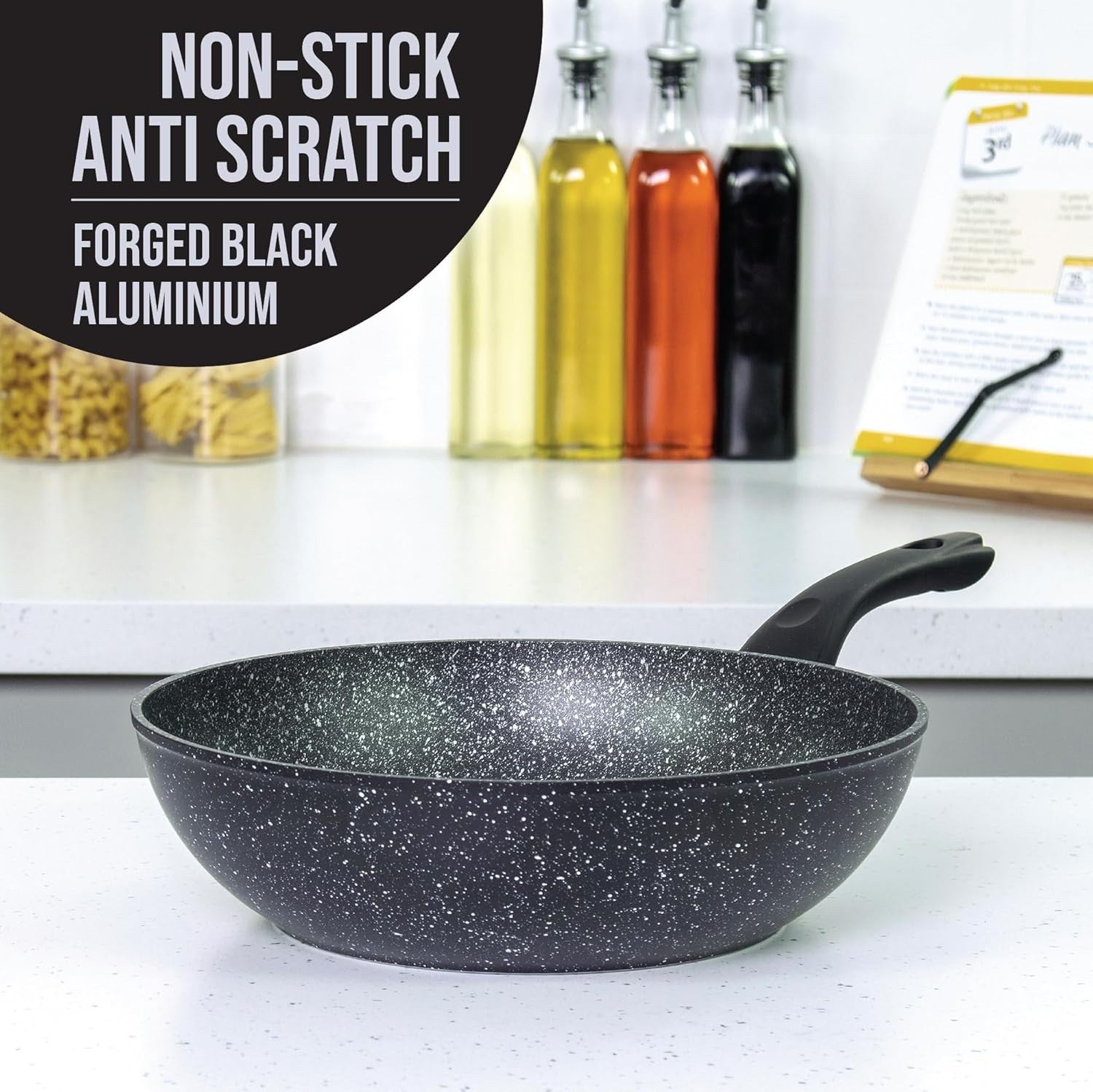28cm Non Stick Black Marble Effect Induction Wok Pan with Cool Touch Handle