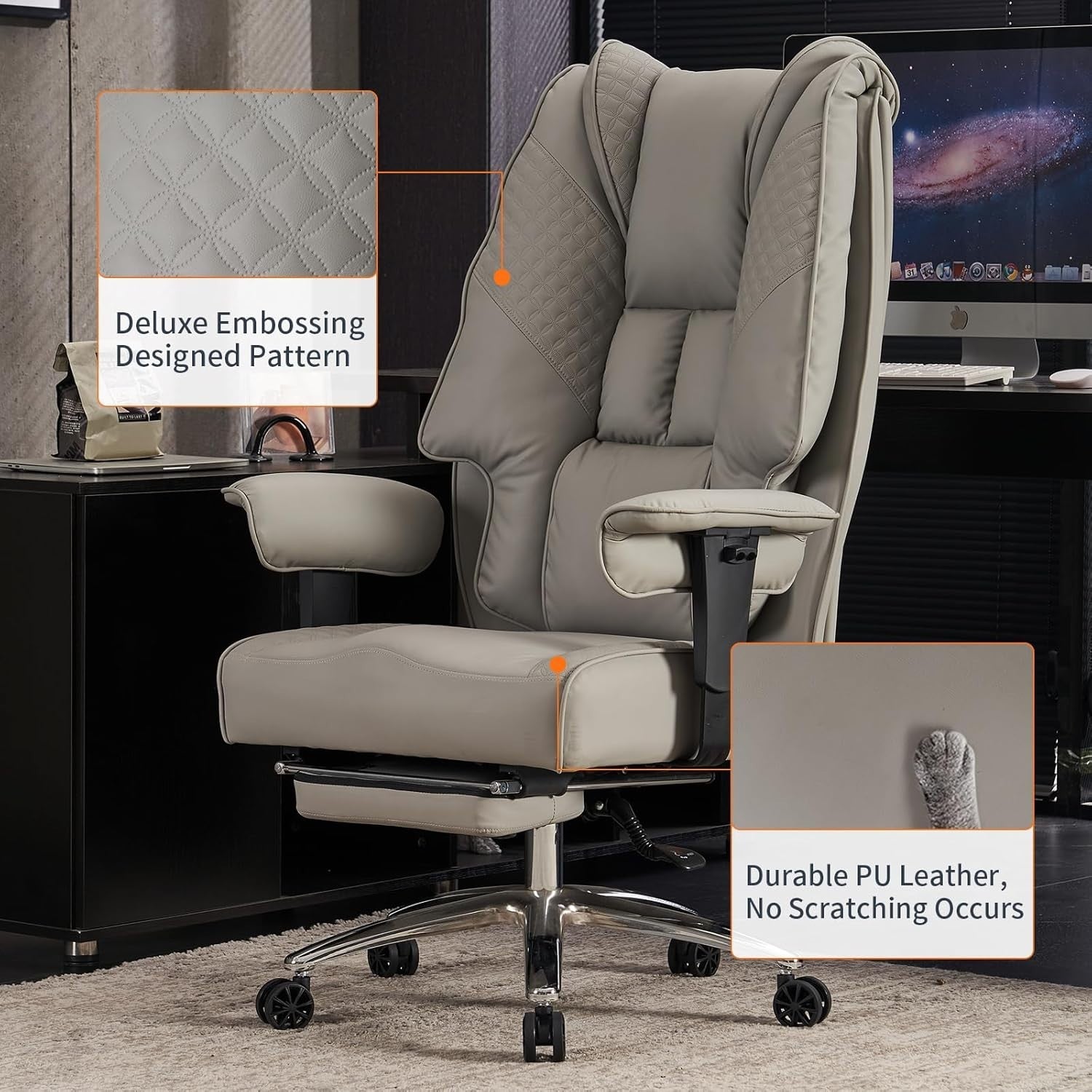 Heavy Duty Big Tall Office Chair PU Leather Oversized Desk Seat Light Grey