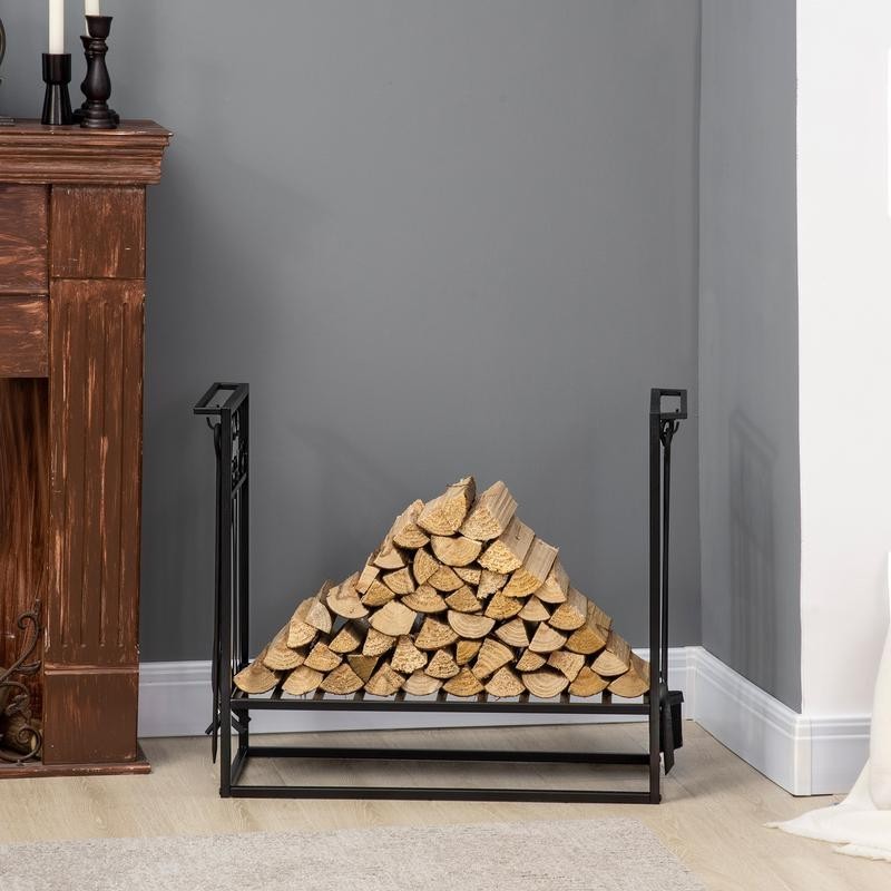 Steel Firewood Rack with Tools – Indoor/Outdoor Log Storage Stand