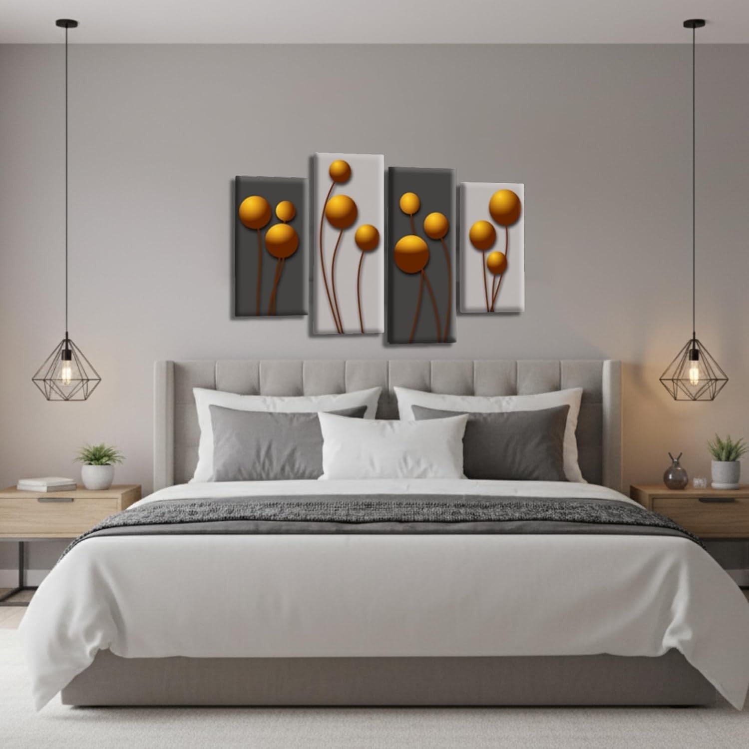 Orange Floral Canvas Wall Art Set 4 Panel Grey Modern