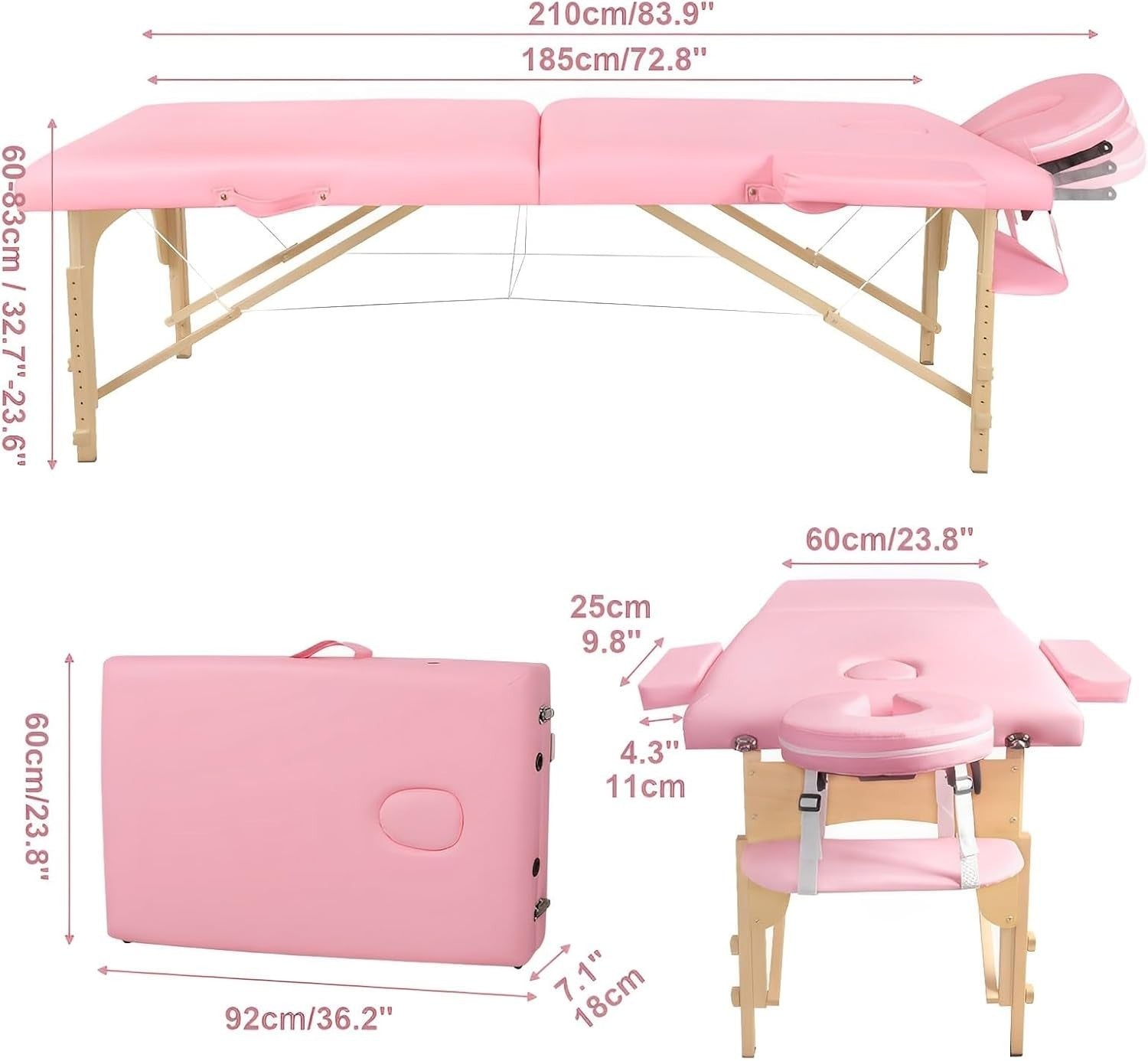 Portable 2-Zone Massage Table Foldable Beauty Lash Spa Bed Pink 185×60cm