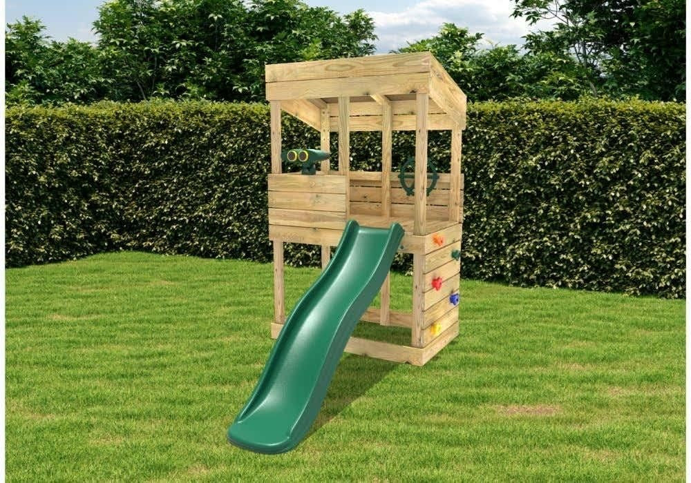 Wooden Kids Lookout Tower Playhouse Outdoor w 6ft Slide Climbing Wall