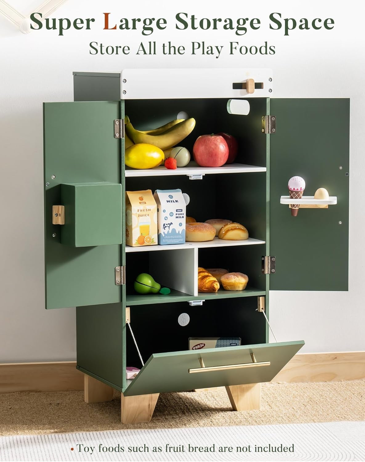 Wooden Kids Toy Fridge Vintage Green Pretend Kitchen Refrigerator