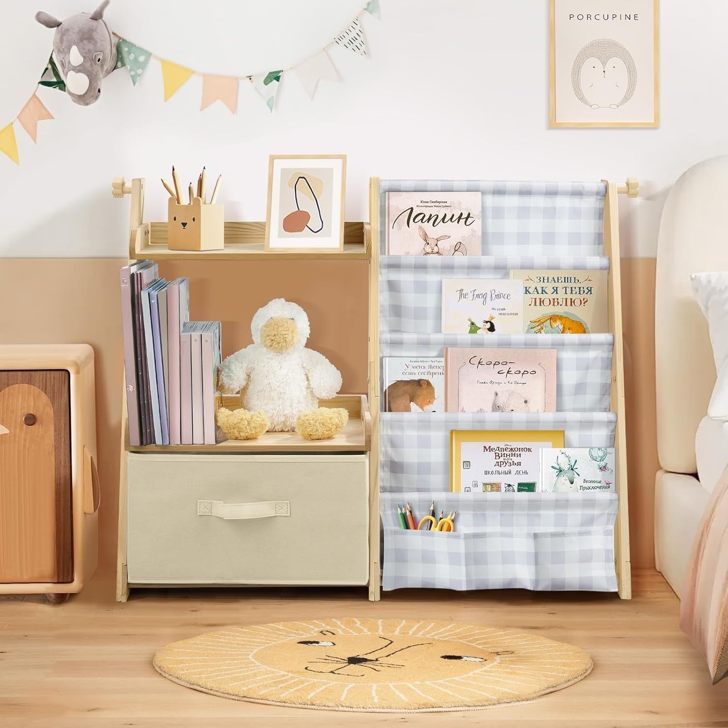 Kids Grey Plaid Bookcase & Toy Storage – 4-Tier Wooden Sling Shelf with Toy Box