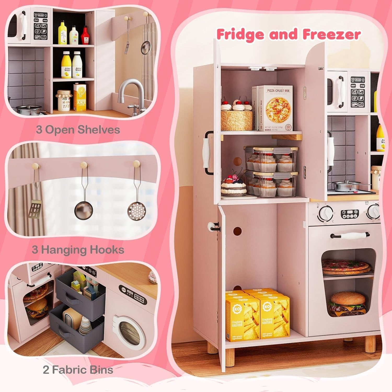 Corner Kids Play Kitchen Pink w/ Fridge Washer Coffee Maker Set