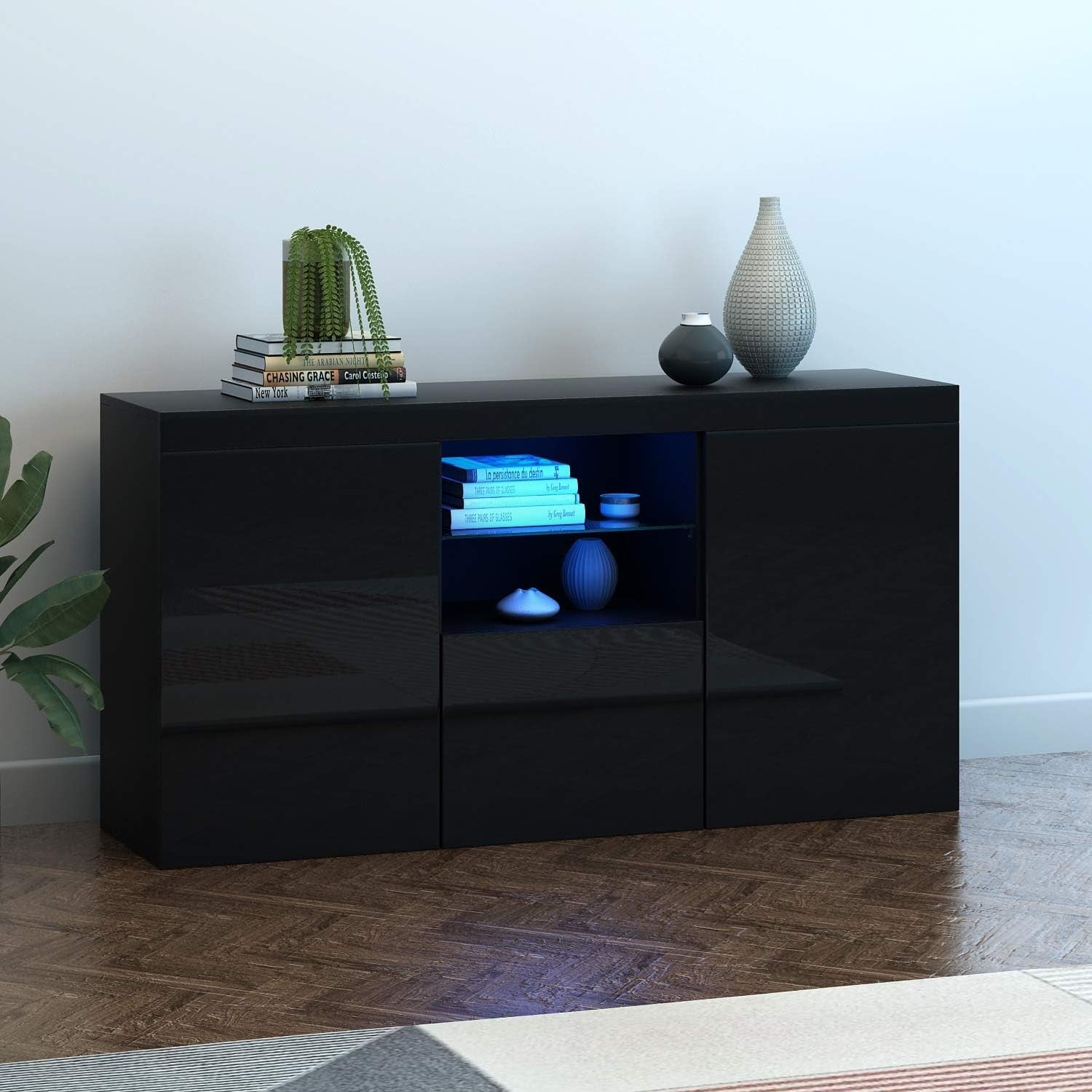 High Gloss Black Sideboard Cabinet with LED Lights 3 Doors Storage Unit