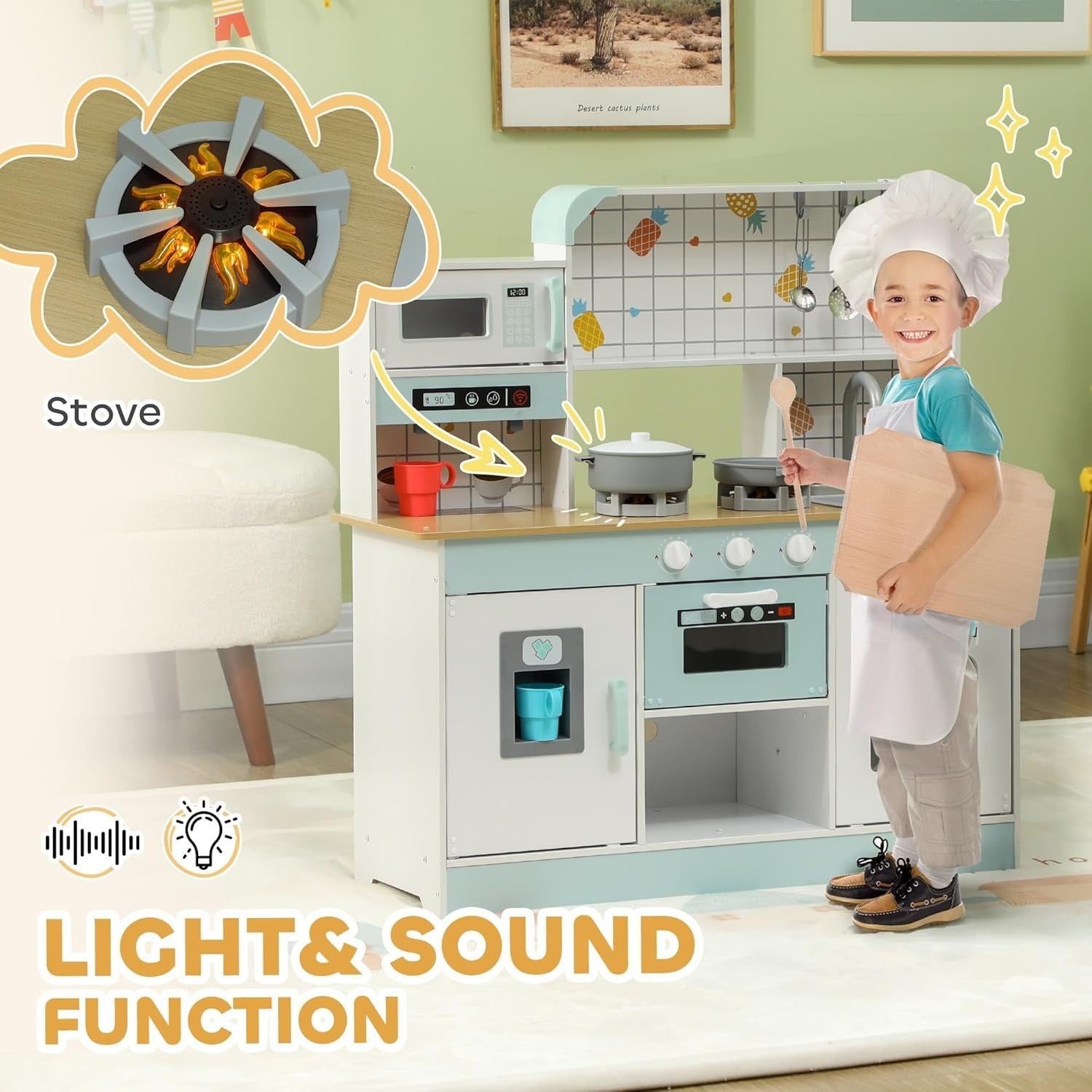 Kids Wooden Play Kitchen w/ Lights Sounds Coffee Maker White