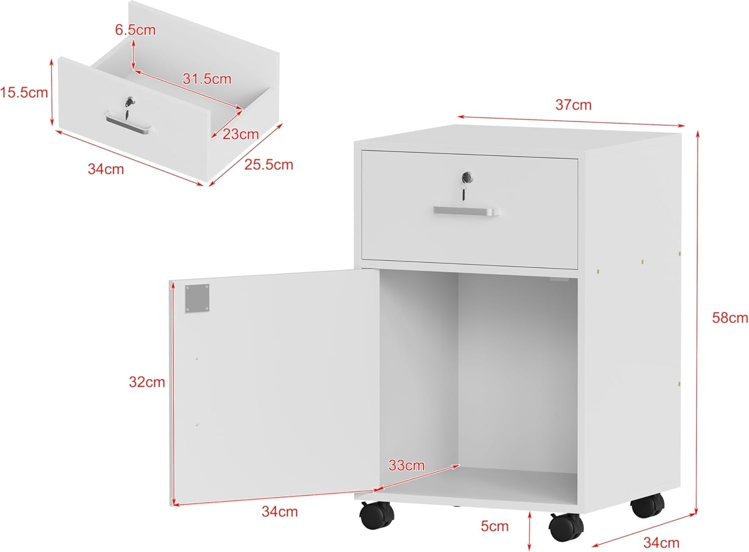 White Mobile Filing Cabinet Drawer Door Lockable A4 Under Desk on Wheels
