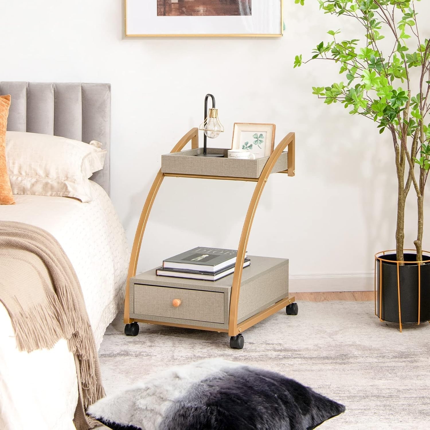 Rolling Sofa Side Table with Tray & Drawer | Mobile Bedside Cart on Wheels Gold