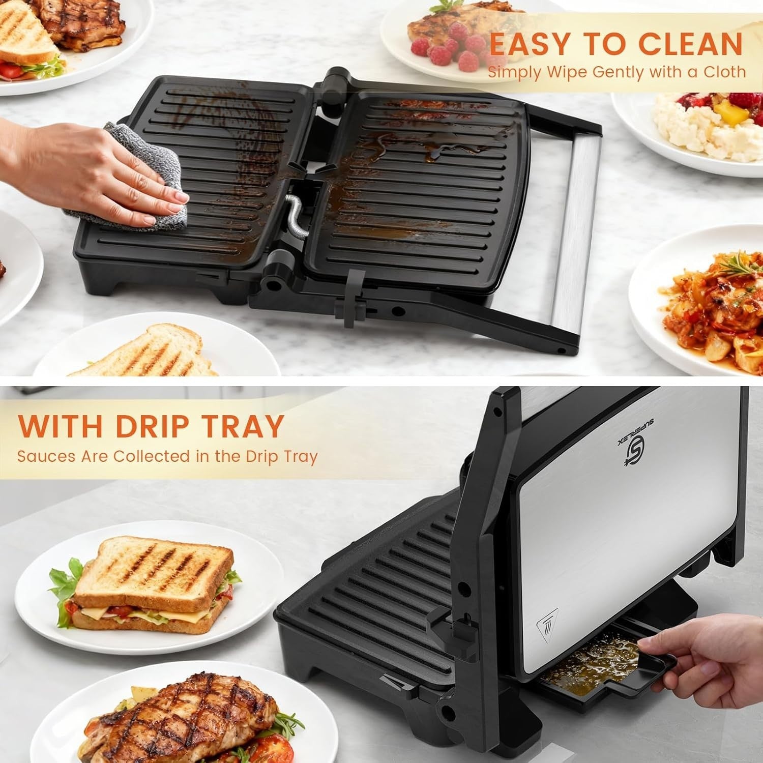 Panini Press Grill Sandwich Maker 1500W Non-Stick Adjustable Temp 180°