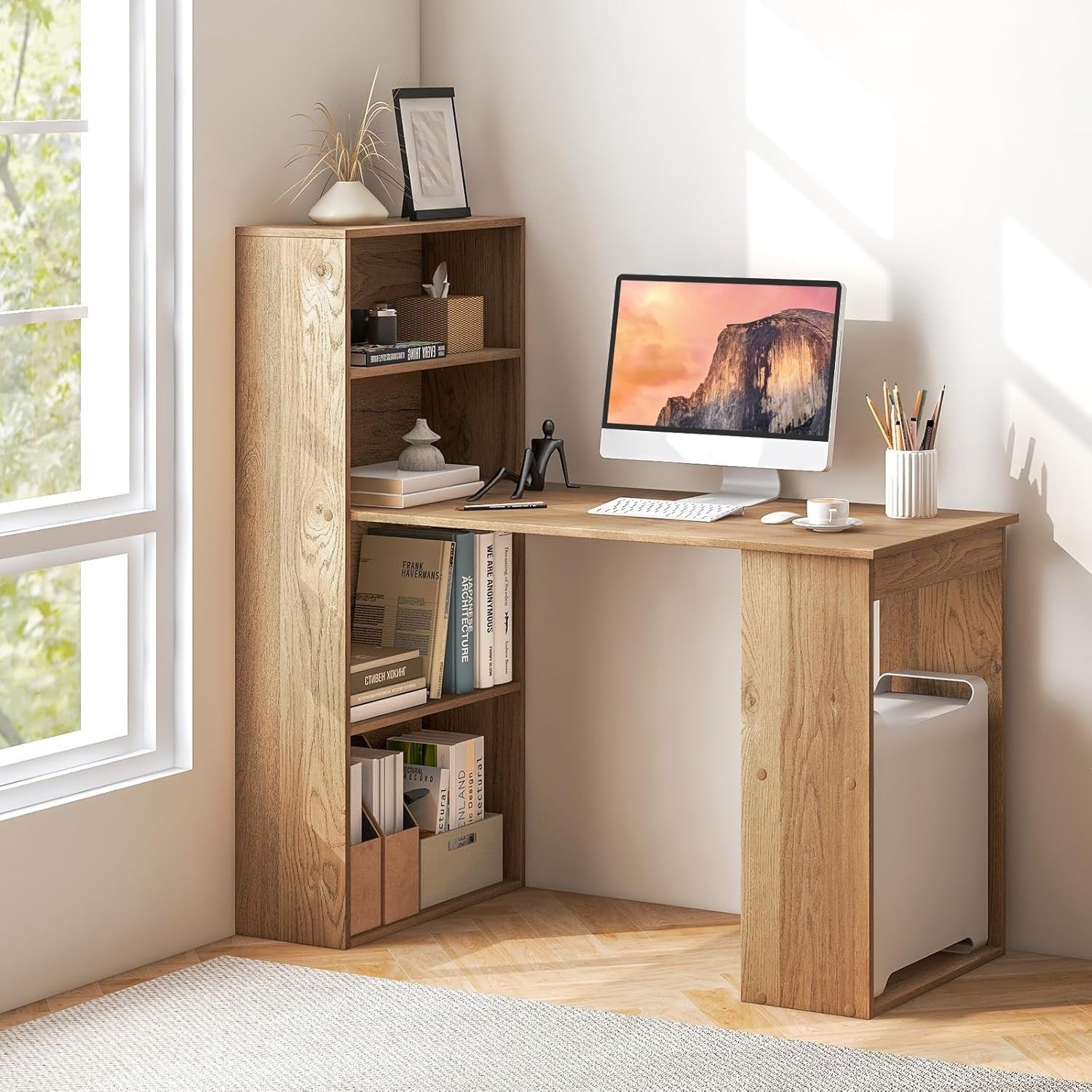 Modern Wooden Computer Desk with 6-Tier Shelves & Spacious Workstation