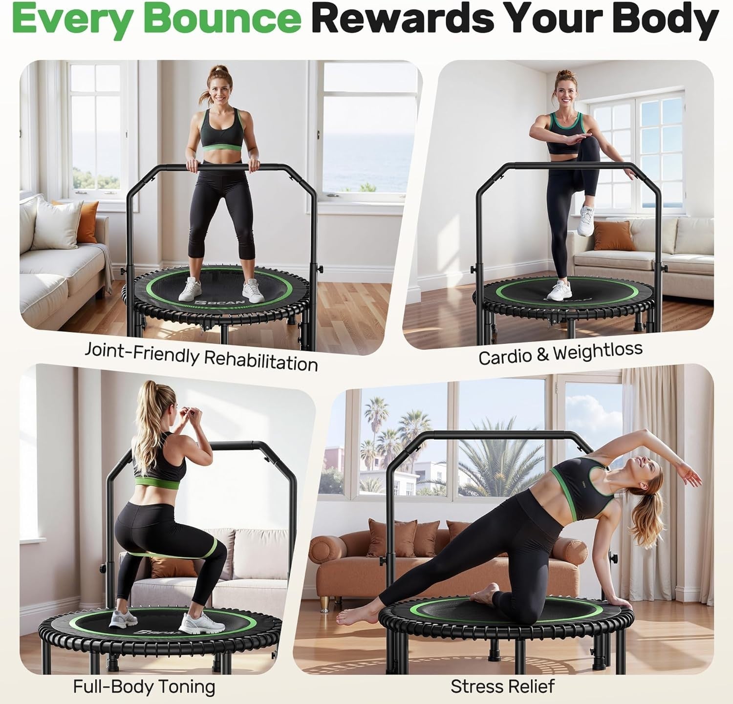 Heavy Duty Foldable Rebounder Trampoline Quiet Bungee Handle 204KG