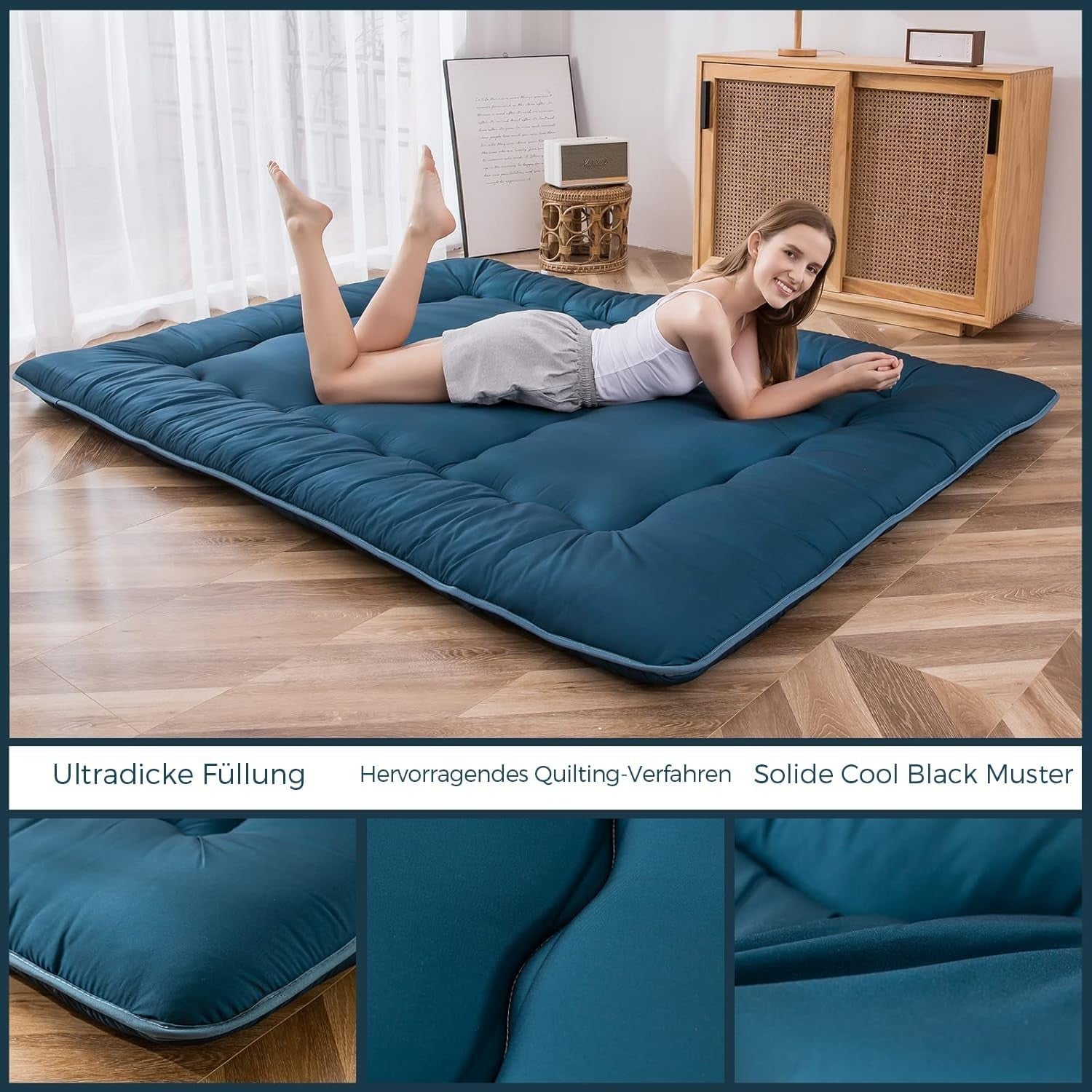 Blue Double Foldable Futon Mattress | Thick Tatami Sleep Pad, Portable Lounger