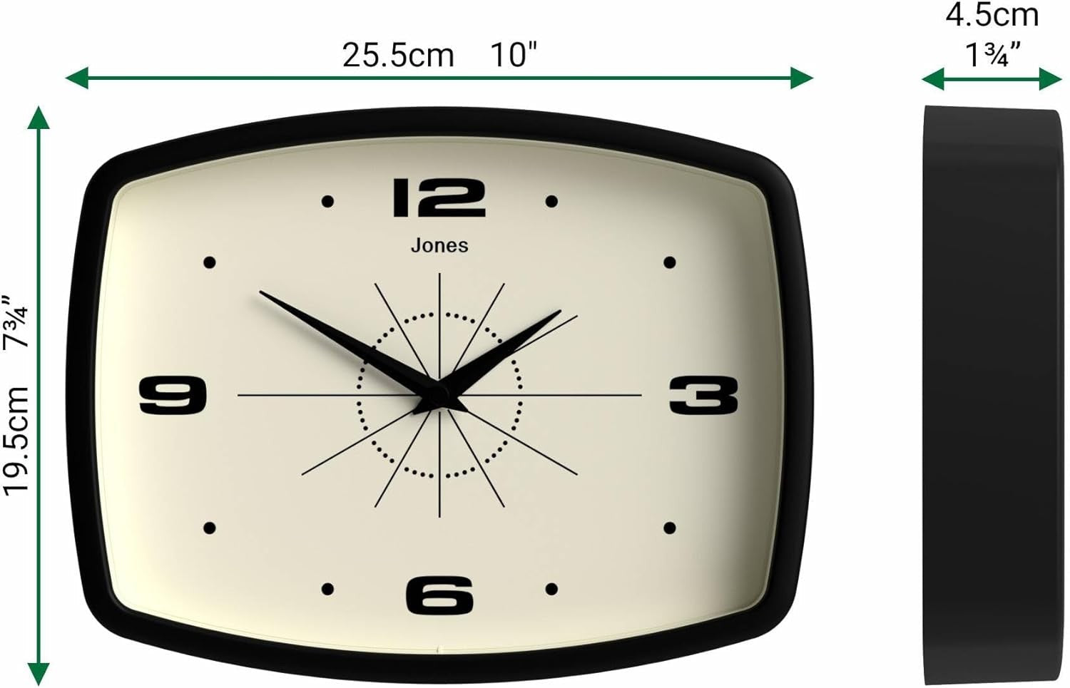 Retro 25cm Wall Clock Rectangle Silent Modern Black Kitchen Living Room Decor