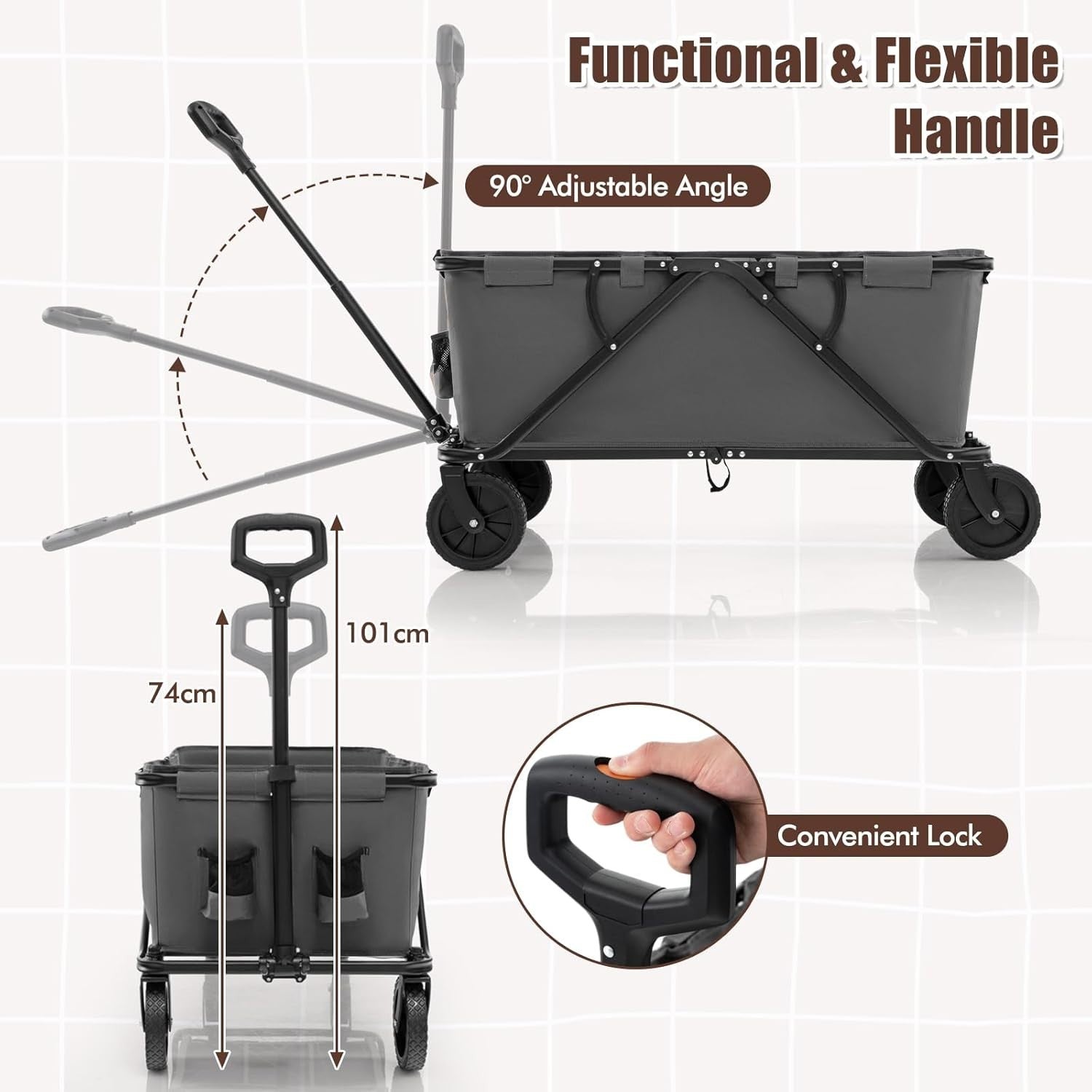 Grey Folding Camping Wagon 170L Heavy Duty Collapsible Garden Cart w/ Handle