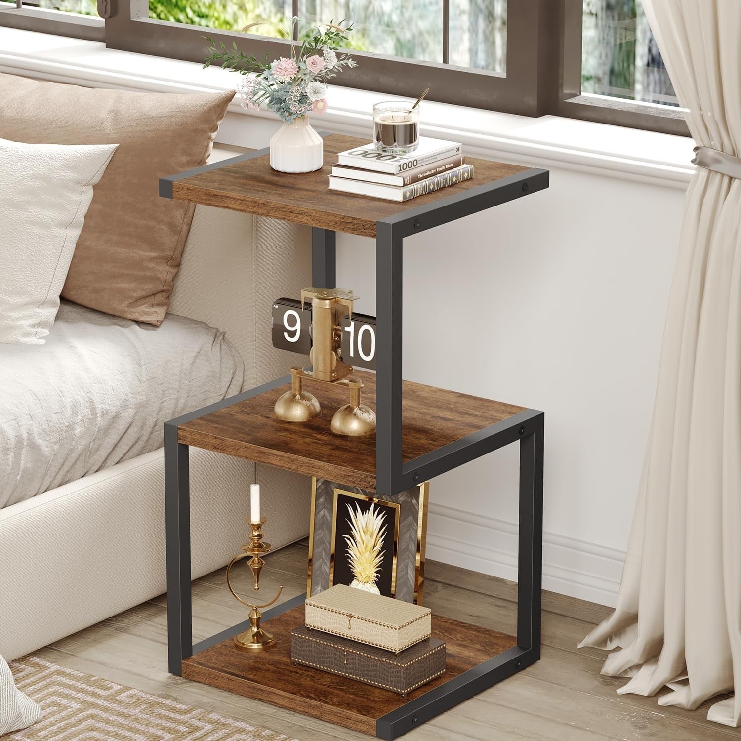 3-Tier S-Shape Side Table with Storage | Compact Rustic Brown Nightstand 40x30x7