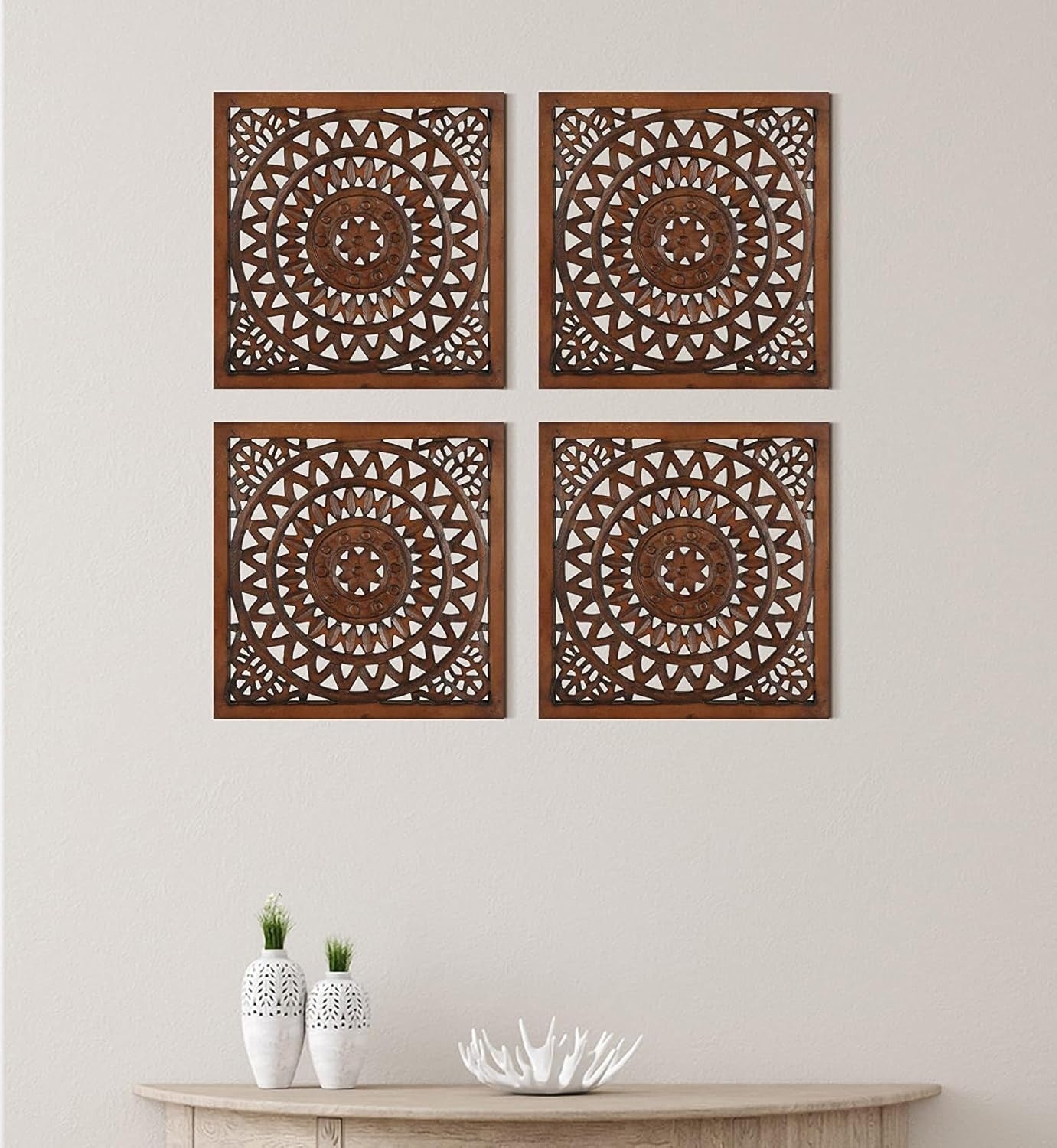 Set of 4 Wooden Wall Plaques Hand Carved Decor Panels 16x16