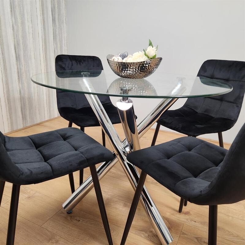 Round Glass Dining Table Set with 4 Black Velvet Chairs Chrome Legs