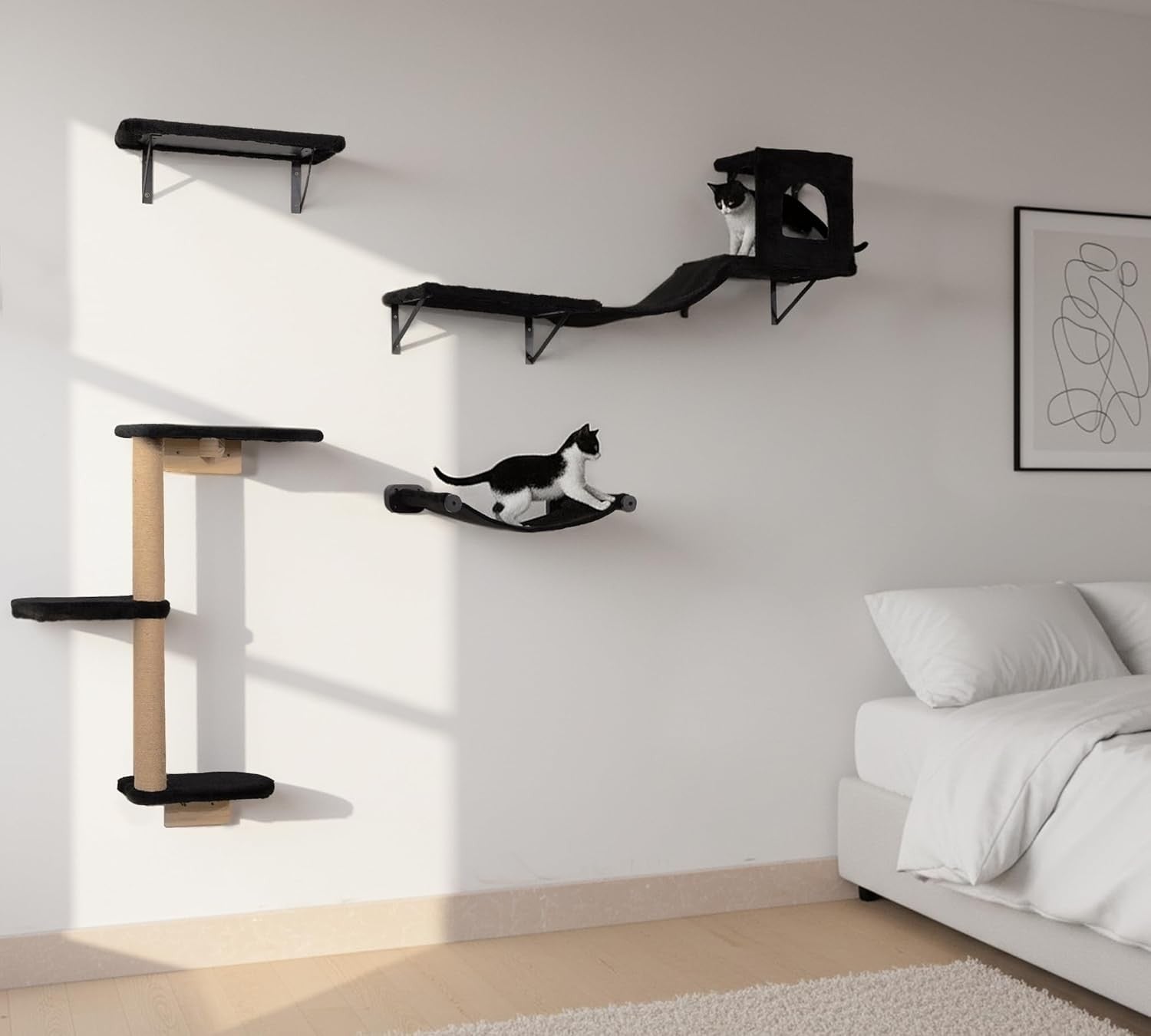 Cat Wall Shelves Set Wall Mounted Climbing Shelves Scratcher Hammock Condo