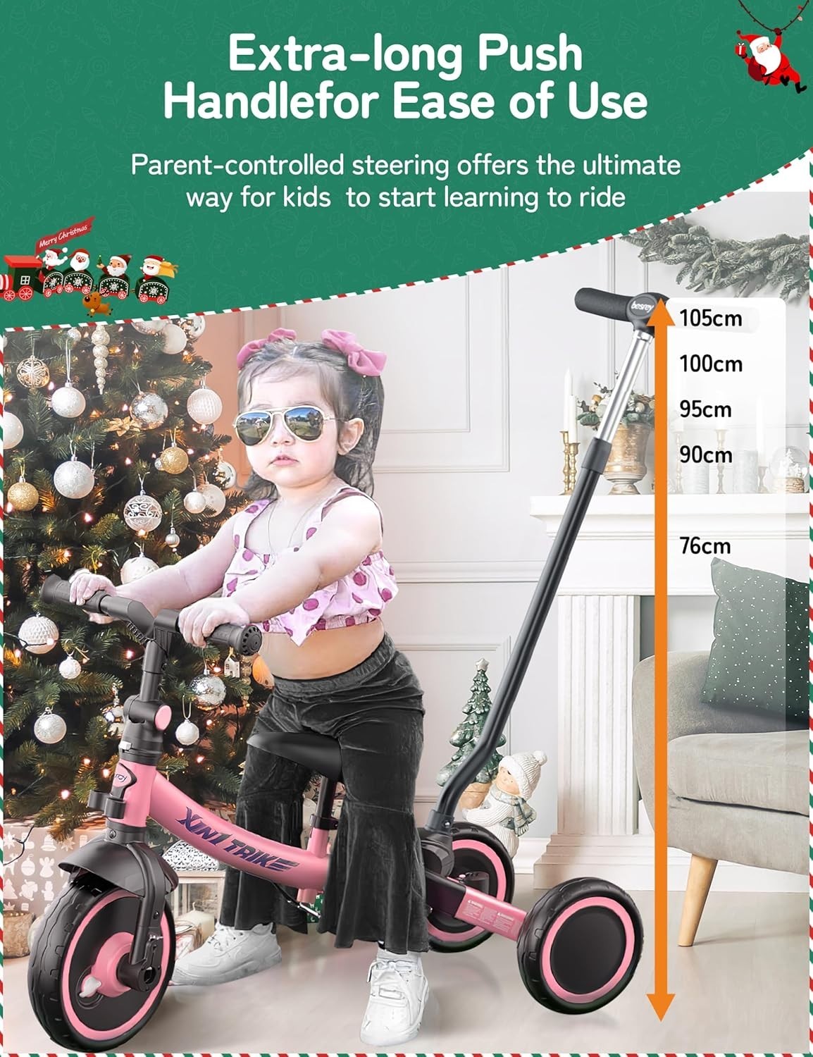 5 In 1 Toddler Tricycle Push Handle Foldable Balance Bike Pink 1-5Y