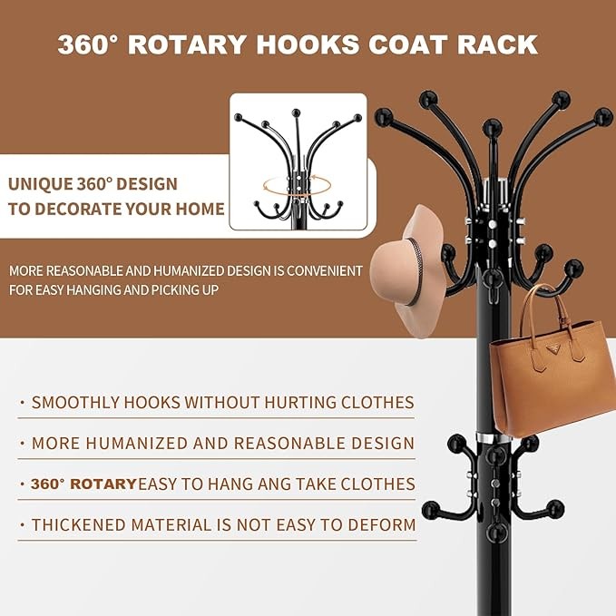 Black Metal Coat Rack Stand Marble Base 360° Rotating 16 Hooks Hall Tree