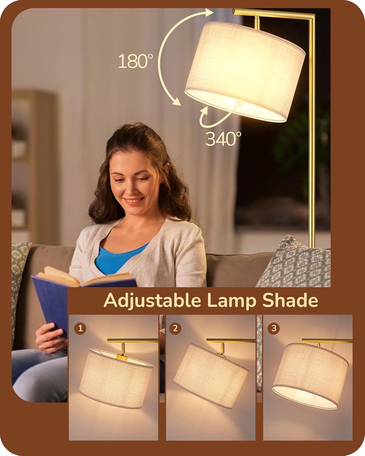 LED Floor Lamp 63in Adjustable Linen Shade Gold Metal Standing Light Modern