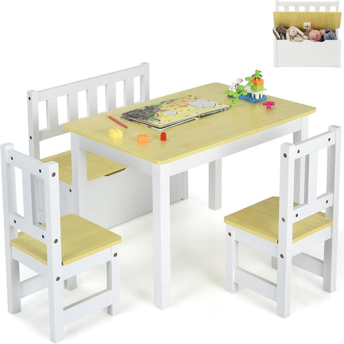 Kids Wooden Table Chair Set with Storage Bench 4pc Toddler Furniture