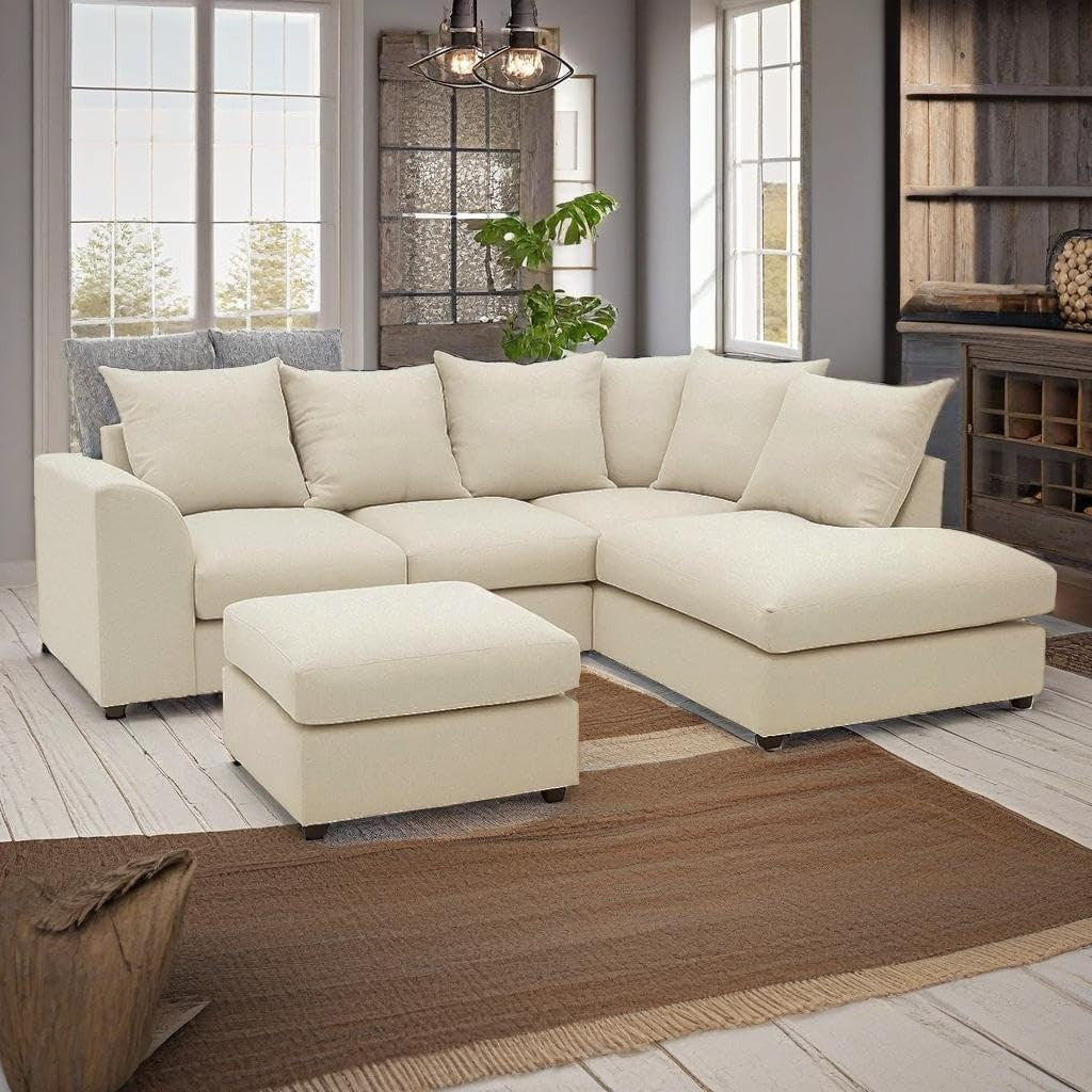 Cream L Shaped 4 Seater Corner Sofa with Footstool – Right Hand Sectional