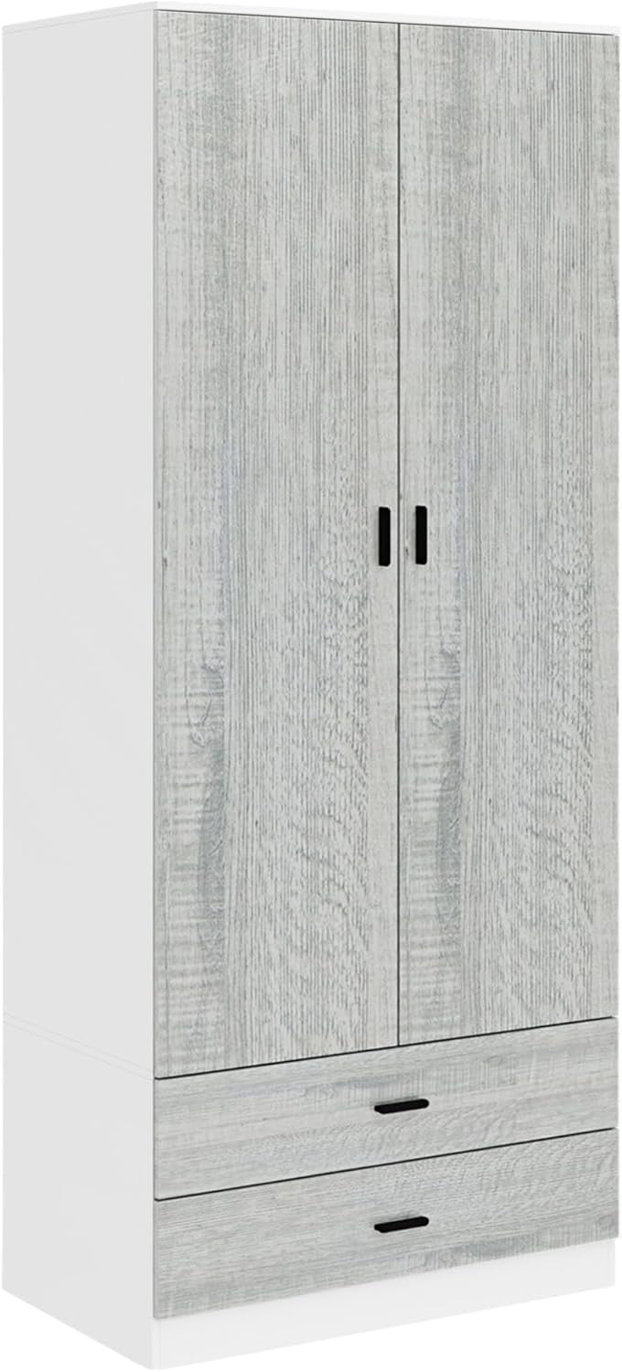 Tall 2 Door Wardrobe Ash Grey Drawers Hanging Rail Storage Cupboard