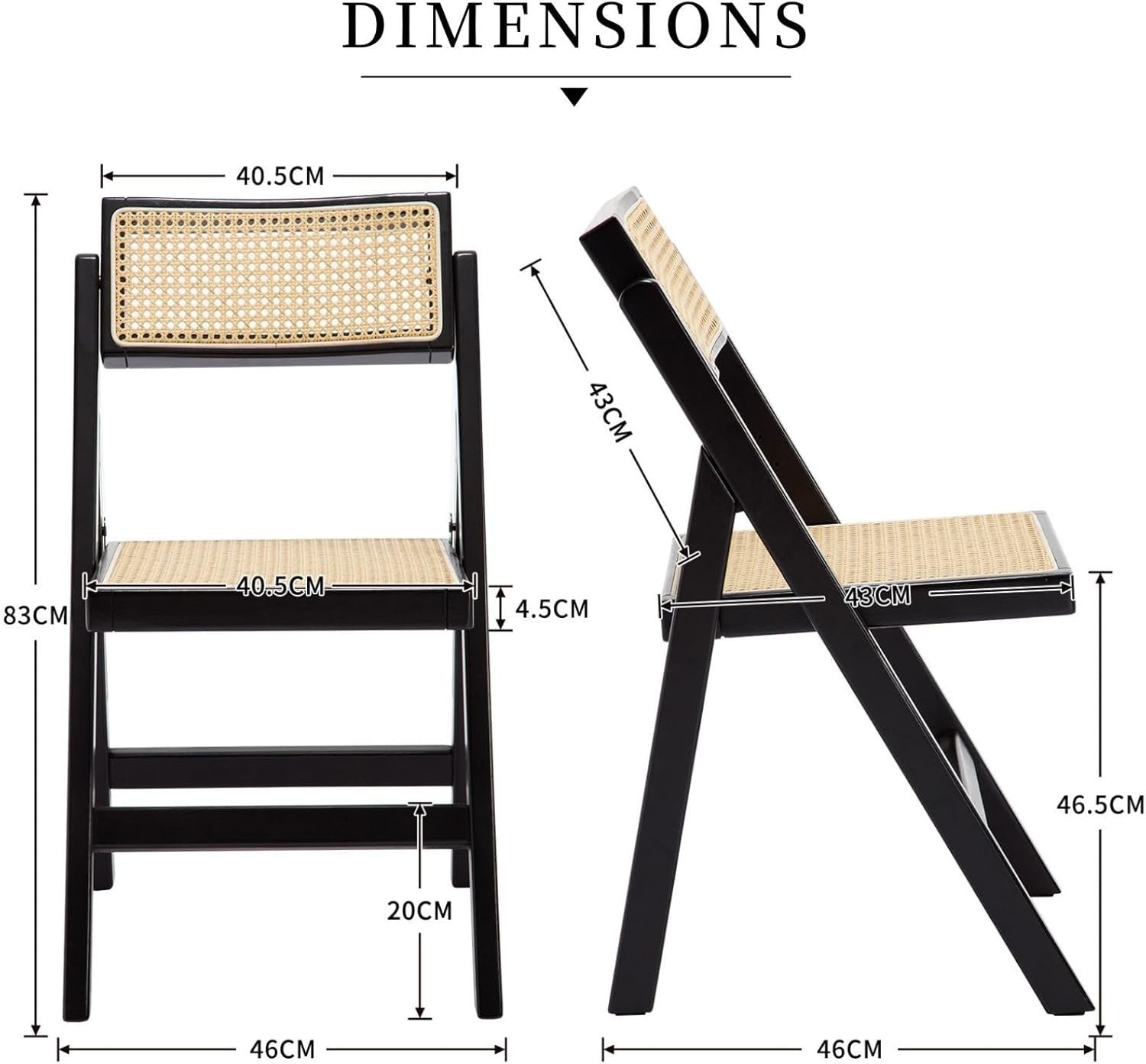 Black Folding Rattan Dining Chairs Set of 2 Wooden Frame Compact Seating