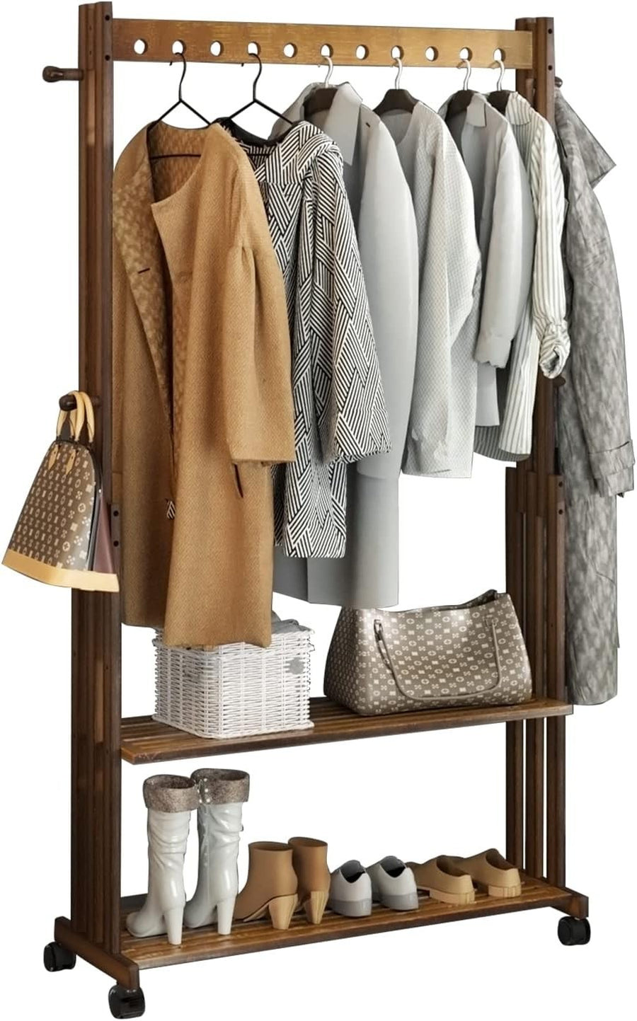 Bamboo Clothes Rack Stand on Wheels – Open Wardrobe with Shelves 90cm